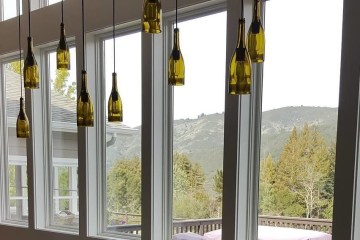 wine bottles hanging from ceiling